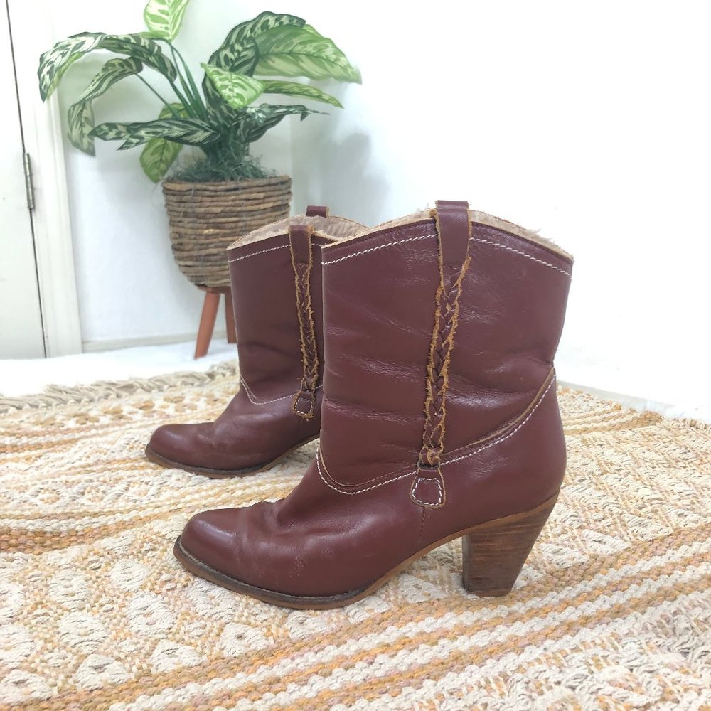 80s vintage maroon braided leather shearling pull on western ankle booties 7